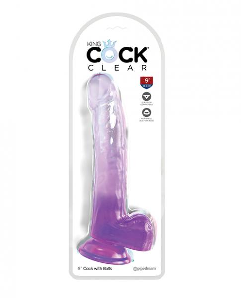 King Cock Clear 9" Cock W/balls - Purple - Click Image to Close