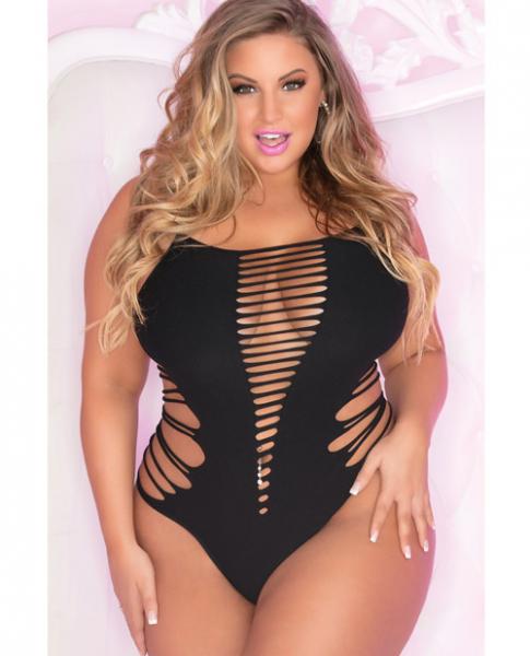 Pink Lipstick Slice & Dice Seamless Bodysuit Black 1X/2X - Click Image to Close