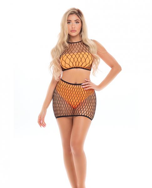 Pink Lipstick Crave You Large Fishnet Cami Top & Skirt, Bandeau Top & Panty Neon Orange O/s - Click Image to Close