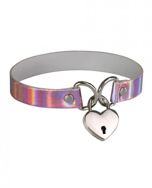 Plesur Heart Lock Collar - Holographic Pink - Click Image to Close