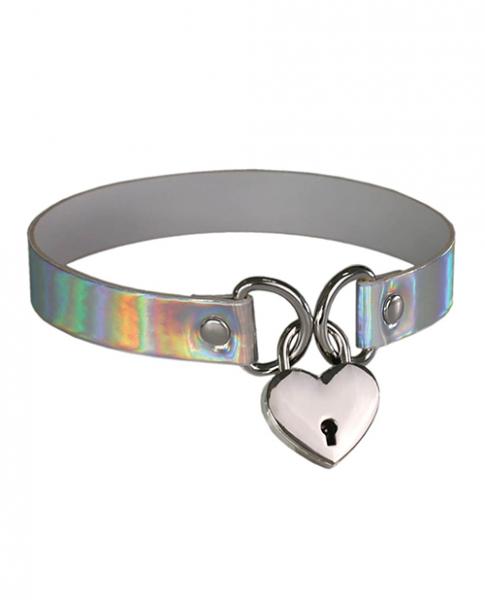 Plesur Heart Lock Collar - Holographic White - Click Image to Close