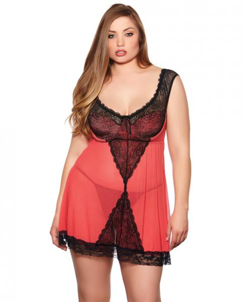 Holiday Lace, Mesh Babydoll & Panty Red Black 2X - Click Image to Close