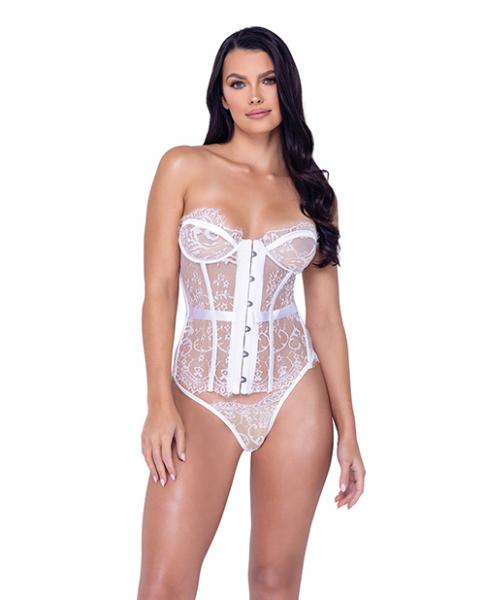 Fantasy Scalloped Eyelash Lace Bustier & Thong White Lg - Click Image to Close