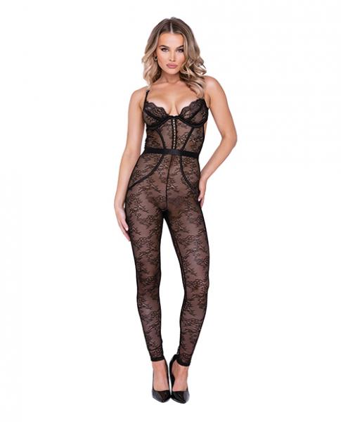 Chantilly Stretch Lace Sleeveless Catsuit W/satin Trim Black Lg