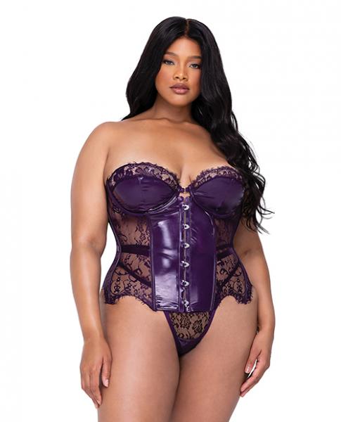 Sugar Plum Scalloped Eyelash Lace & Faux Leather Bustier W/steel Boning & Thong Purple 1x