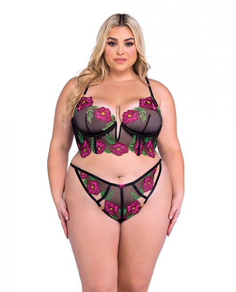 Peony Paradise Underwire Bralette & G-string - Black 1x - Click Image to Close