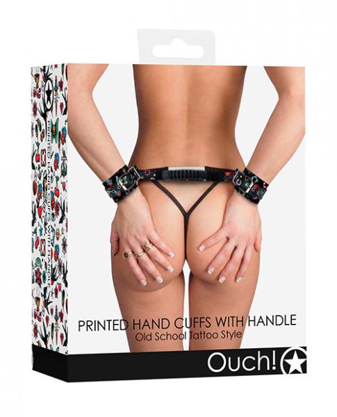 Shots Ouch Old School Tattoo Style Printed Handcuffs W/handle - Black - Click Image to Close