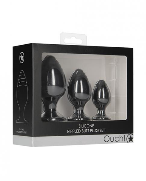 Shots Ouch Rippled Butt Plug Set - Black - Click Image to Close