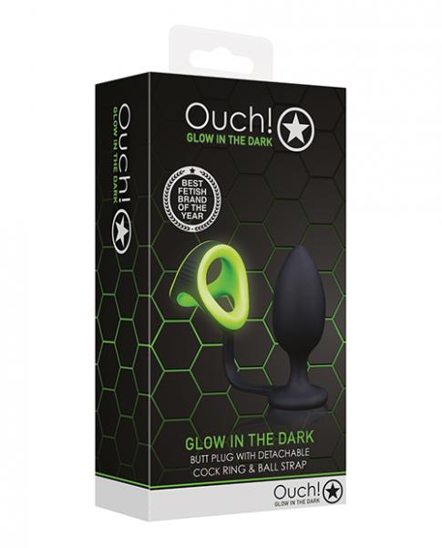 Shots Ouch Butt Plug W/cock Ring & Ball Strap - Glow In The Dark - Click Image to Close