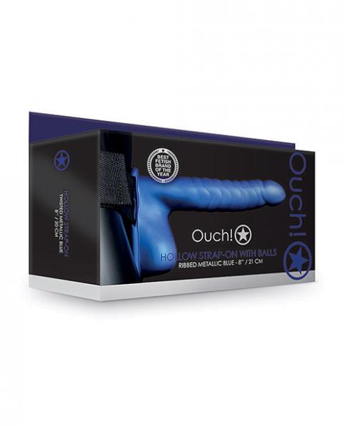 Shots Ouch 8" Ribbed Hollow Strap On W/balls - Metallic Blue - Click Image to Close