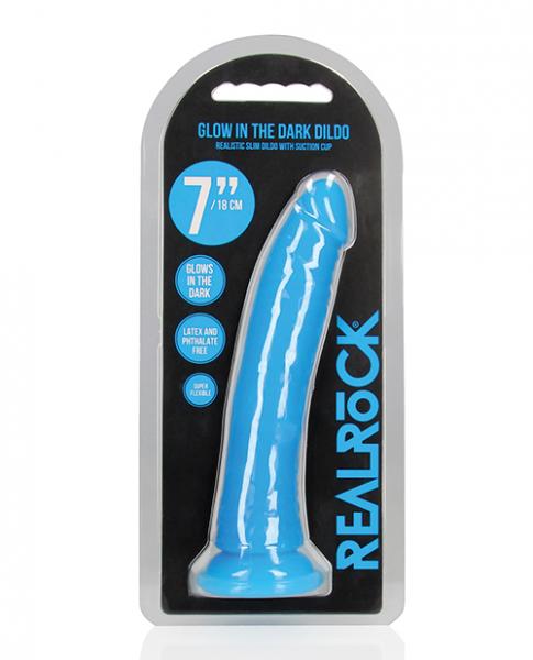 Shots Realrock 7" Slim Dildo Glow In The Dark - Neon Blue - Click Image to Close