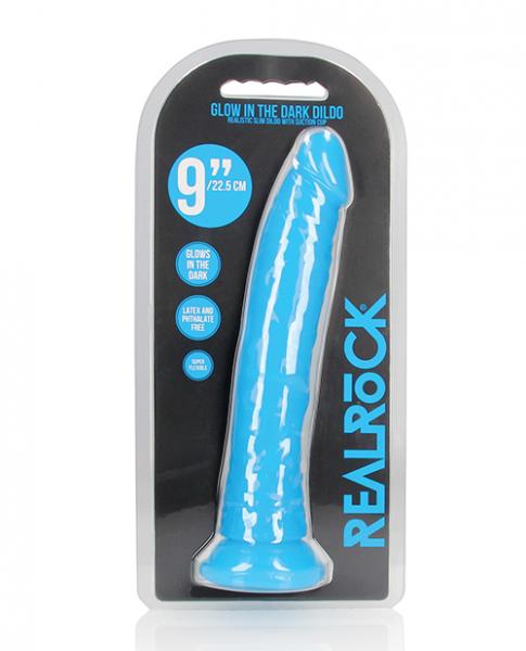 Shots Realrock 9" Slim Dildo Glow In The Dark - Neon Blue