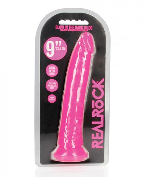 Shots Realrock 9" Slim Dildo Glow In The Dark - Neon Pink - Click Image to Close