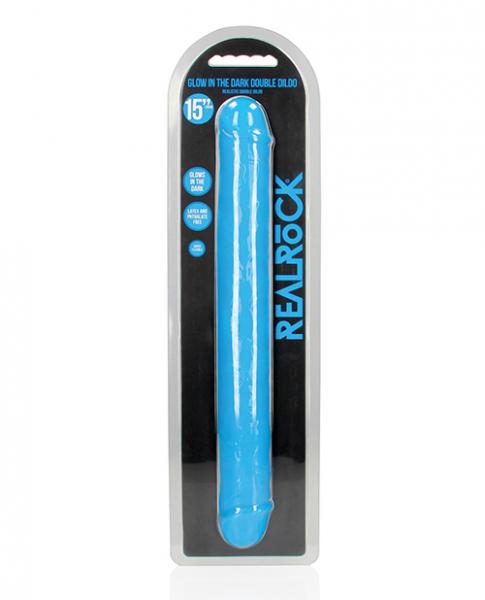 Shots Realrock 15" Double Dong Glow In The Dark - Neon Blue - Click Image to Close