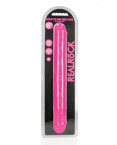 Shots Realrock 15" Double Dong Glow In The Dark - Neon Pink - Click Image to Close