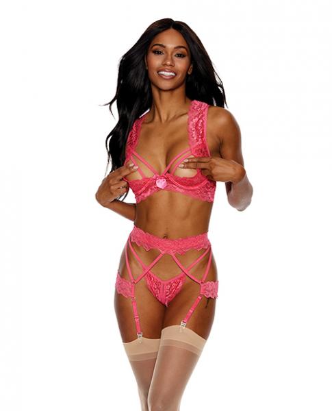 Lace Underwire Peek A Boo Bra, Garterbelt & G-string Coral Xxl - Click Image to Close