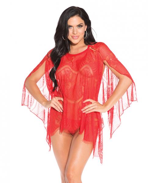 Sheer Lace Poncho with G-String Panty Red Medium - Click Image to Close