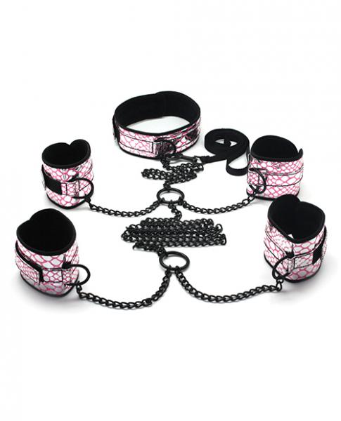 Spartacus Faux Leather Collar To Wrist & Ankle Restraints Bondage Kit W/leash - Pink