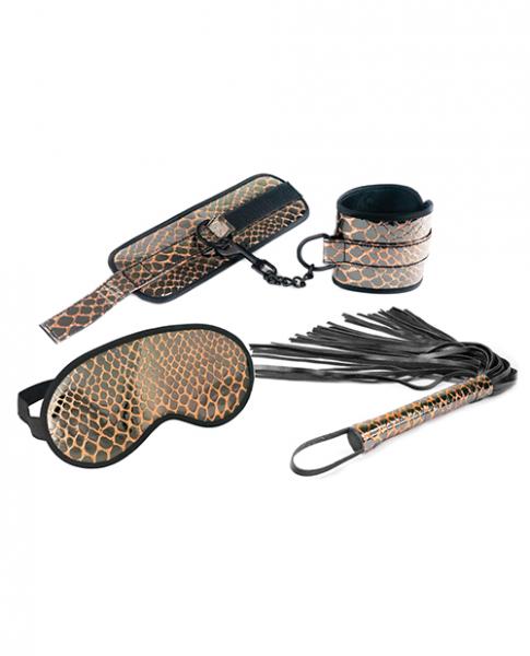 Spartacus Faux Leather Wrist Restraints Blindfold & Flogger Bondage Kit - Gold - Click Image to Close