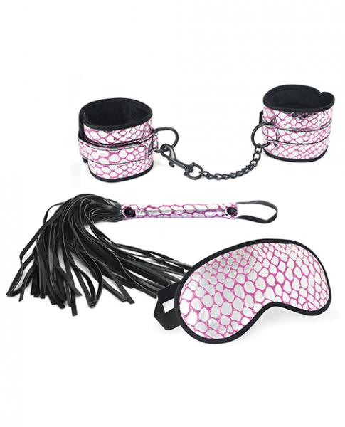 Spartacus Faux Leather Wrist Restraints Blindfold & Flogger Bondage Kit - Pink - Click Image to Close