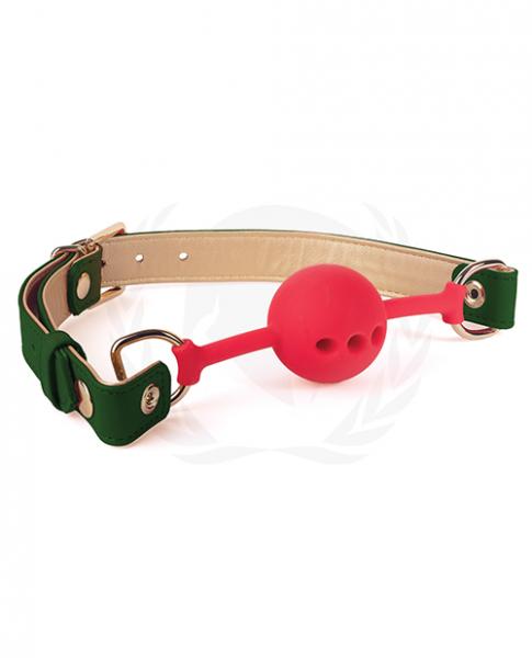 Spartacus Silicone Ball Gag W/green Gold Pu Straps - 46 Mm - Click Image to Close