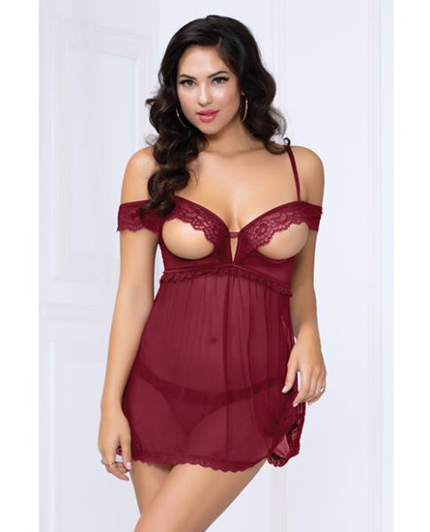 Lace & Mesh Open Cups Babydoll W/fly Away Back & Panty Wine Sm