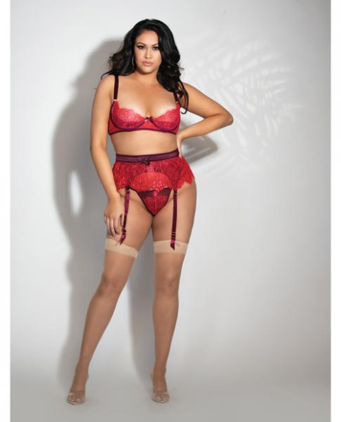 Eyelash Lace Underwire Bra, Garter Skirt & G-string Red 3x/4x