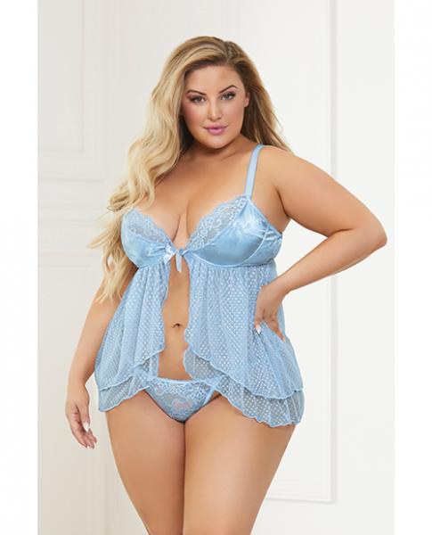 Satin Jacquard Dot Mesh Scallop Lace Babydoll & G-string Blue 1x/2x - Click Image to Close