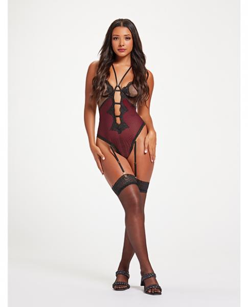 Fishnet & Stretch Lace Teddy W/double Adjustable Straps Black/wine Xl - Click Image to Close