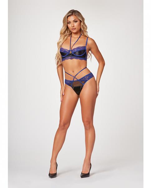 Stretch Satin & Eyelash Lace Demi Cup Bra & Panty Black/blue Sm - Click Image to Close