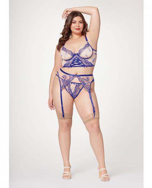 Sheer Stretch Mesh W/floral Contrast Embroidery Bustier, Garter Belt & Thong Blue/nude 1x/2x - Click Image to Close