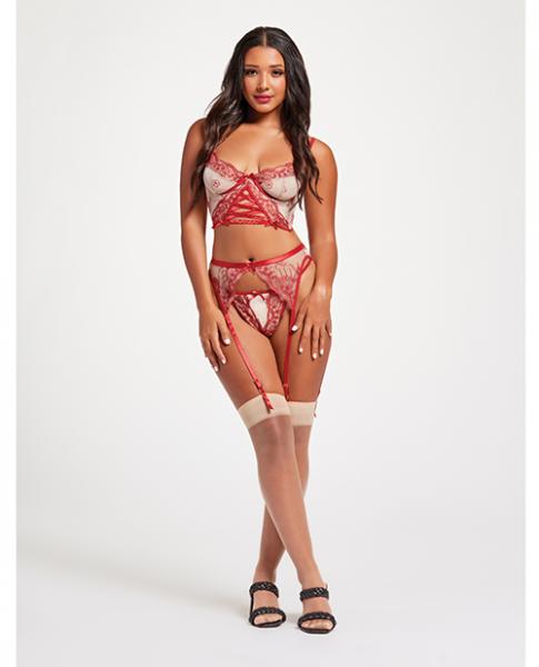 Sheer Stretch Mesh W/floral Contrast Embroidery Bustier, Garter Belt & Thong Red/nude Lg