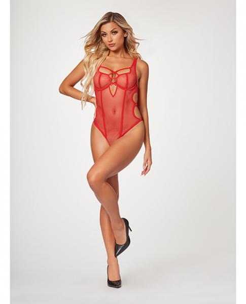 Fishnet Strappy High Cut Leg Teddy Red Md - Click Image to Close