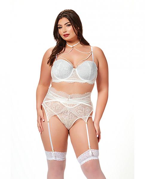 Lace & Pearl Bra, Garter Belt & Thong White 1x/2x