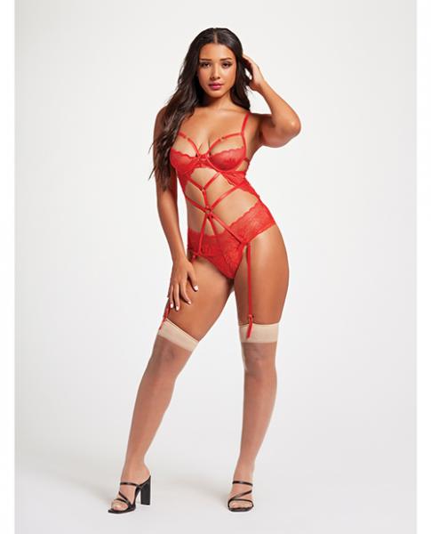 Sheer Mesh & Lace Demi Cup Teddy Red Sm - Click Image to Close