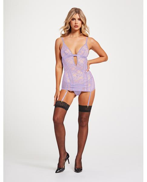 Lace & Mesh Triangle Cup Chemise W/garters & Thong Lavender Md - Click Image to Close