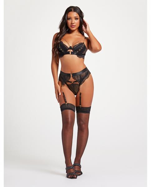 Scalloped Lace Bra W/gold Chain, Garter Belt & Thong Black Lg - Click Image to Close