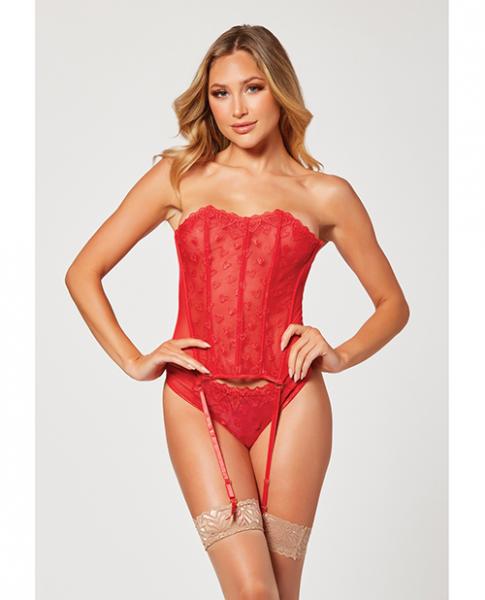 Valentines Heart Embroidered Mesh Bustier & Panty Red Md - Click Image to Close