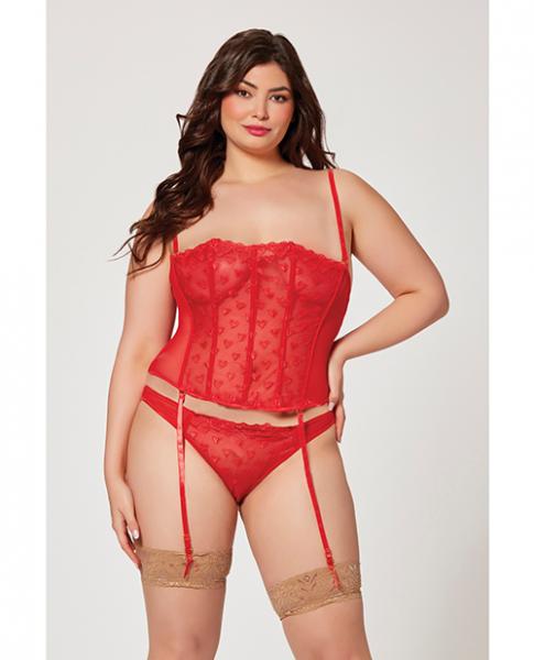 Valentines Heart Embroidered Mesh Bustier & Panty Red 1x/2x - Click Image to Close