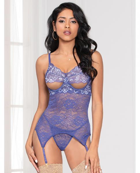 Cross Dye Lace Peek A Boo Chemise W/attached Garters & G-string Iris O/s - Click Image to Close