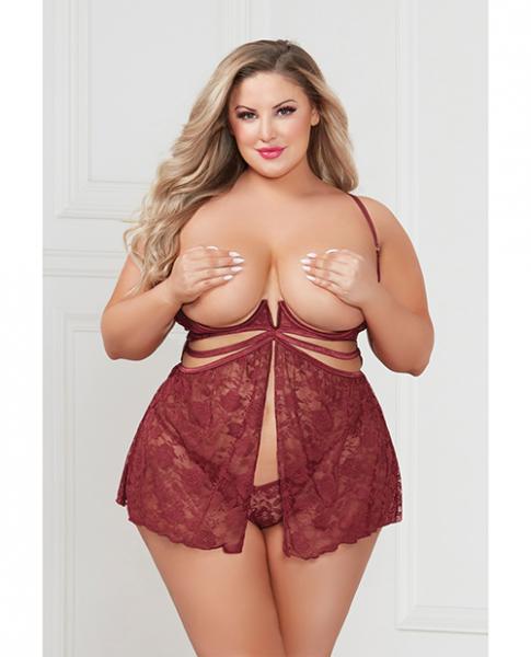 Super Sexy Stretch Lace Babydoll W/g-string Wine Qn - Click Image to Close