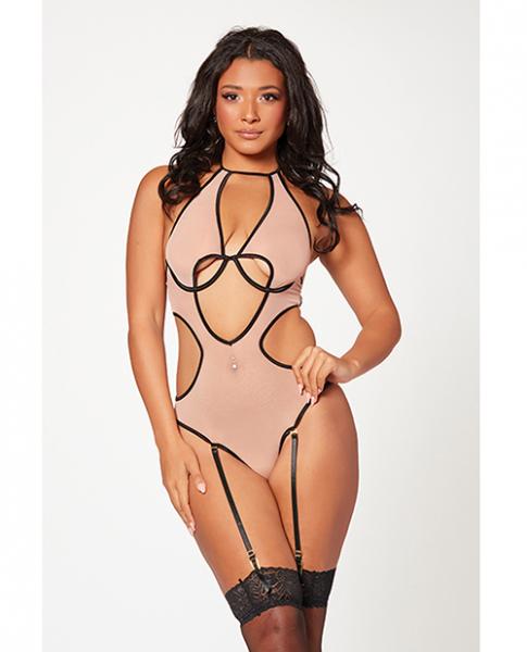 Mesh Cut Out Halter Teddy Nude/black O/s