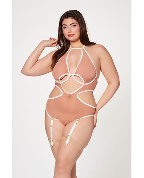 Mesh Cut Out Halter Teddy Nude/white Qn - Click Image to Close