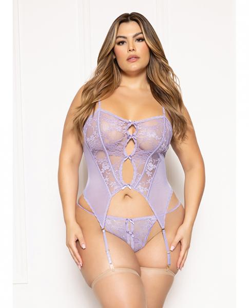 Floral Lace And Mesh Cami W/attached Garters & Thong - Lavender Qn - Click Image to Close