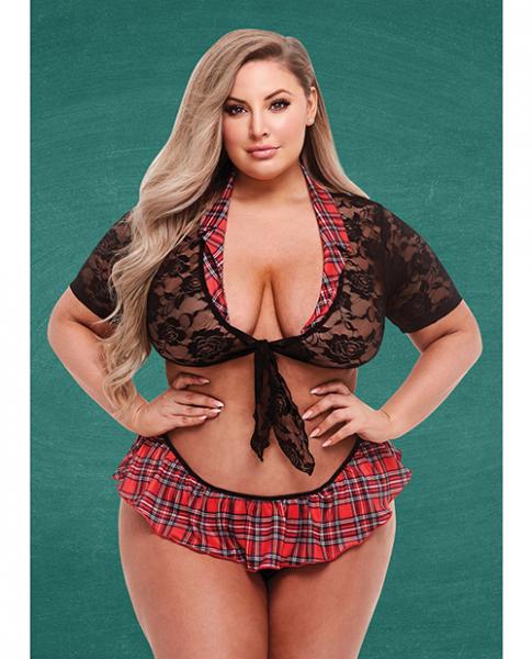 Teacher's Pet Schoolgirl Lace Top, Tie & Skirt Black/red Qn - Click Image to Close