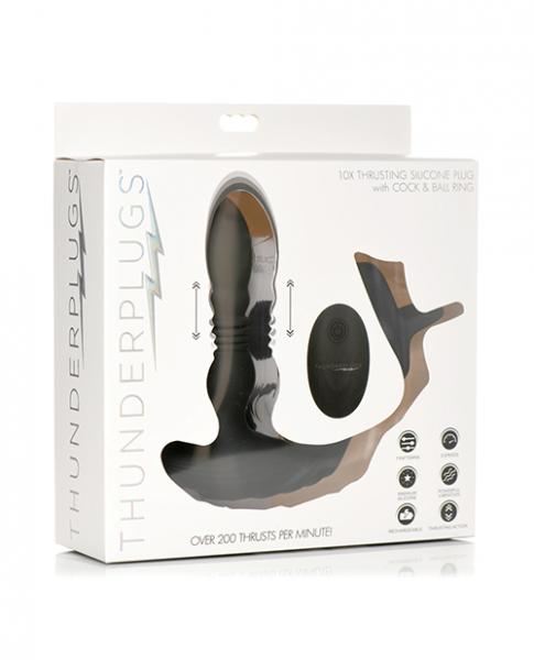 Thunderplugs 10x Thrusting Silicone Vibrator W/cock & Ball Strap & Remote - Black - Click Image to Close