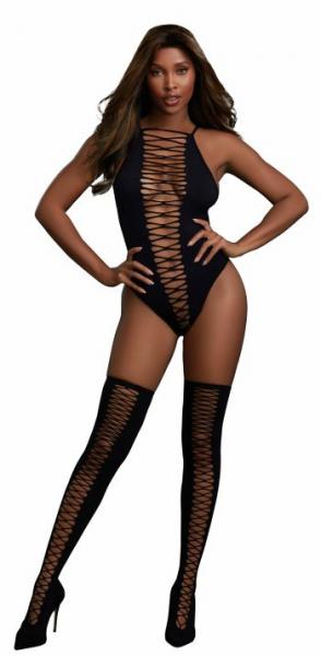 Cross Open Front Teddy and Stockings Black O/S - Click Image to Close