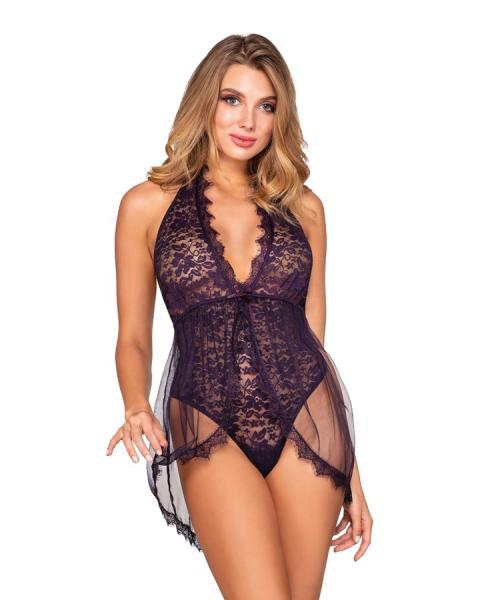 Halter Plunge Front Stretch Lace Teddy Eggplant O/s