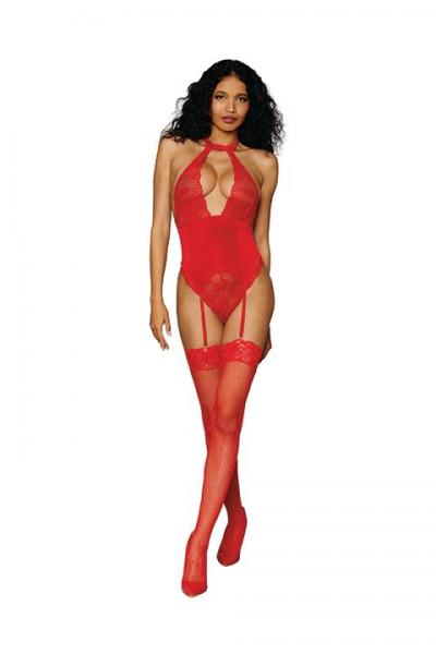 Stretch Lace & Velvet Garter Teddy Lipstick Red O/s