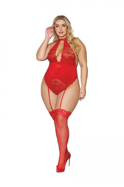 Stretch Lace & Velvet Garter Teddy Lipstick Red Q/s - Click Image to Close